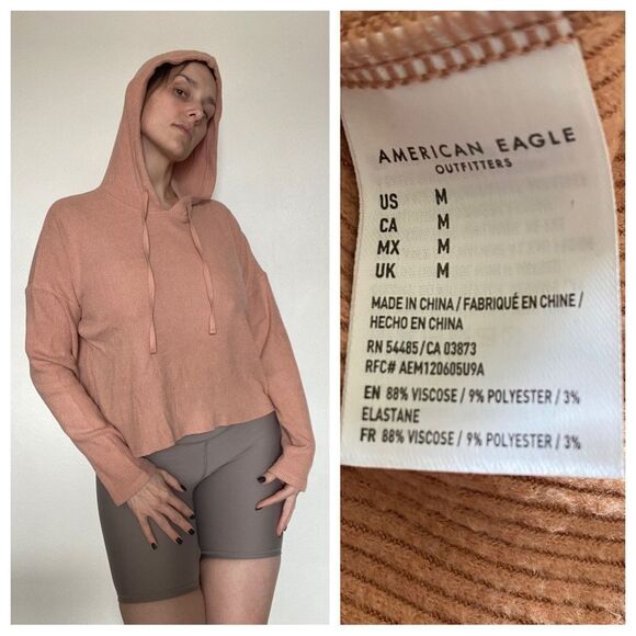American Eagle Ribbed Hoodie Pullover Super Soft Peach Medium Athleisure - Picture 3 of 11